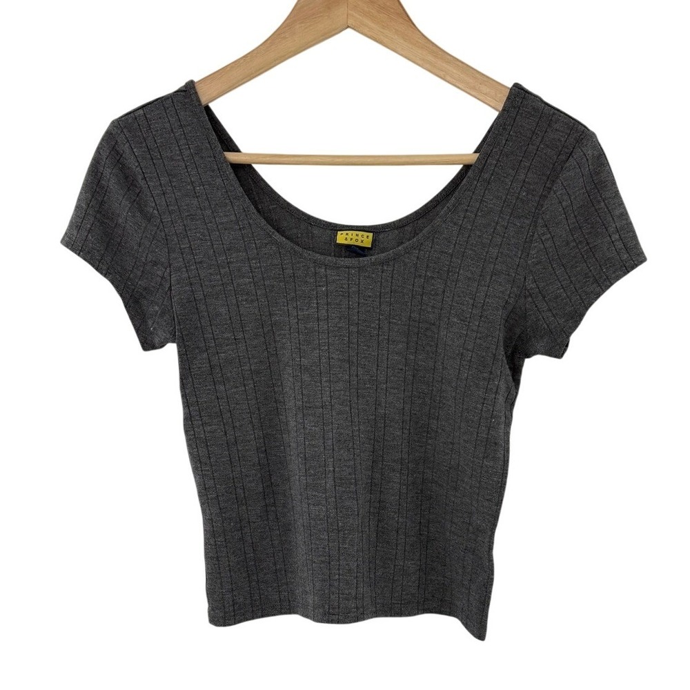 Prince &‎ Fox Womens Charcoal Grey Ribbed Scoop Neck Crop Top Short Sleeve M
